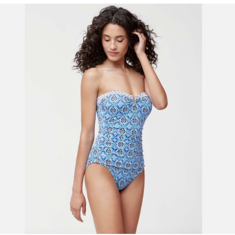 Tommy Bahama Tika Tiles Bandeau One-Piece Swimsuit TSW41211P Multi 10 NWT